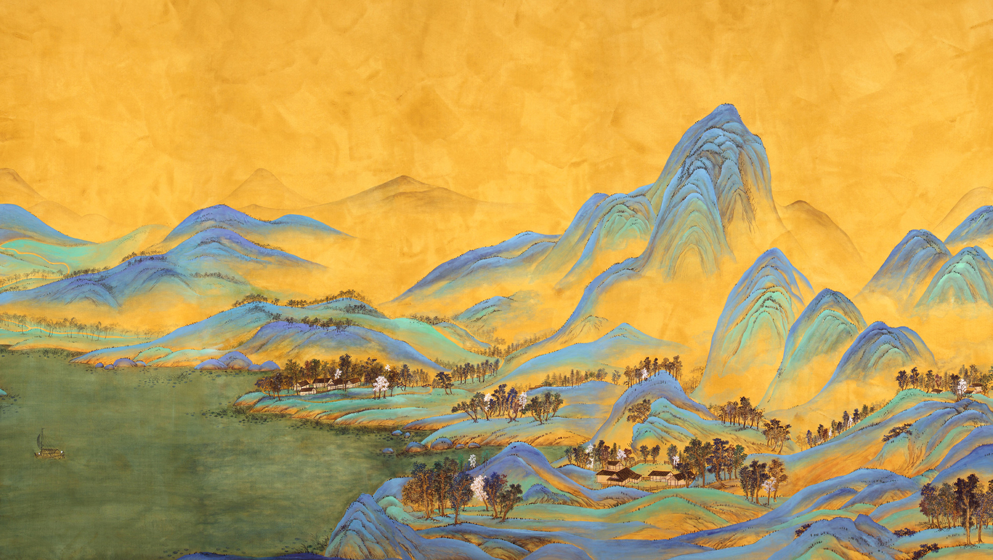 Обои ручная роспись A Thousand Li of Rivers and Mountains Original colourway on brown painted Xuan paper Обои ручная роспись A Thousand Li of Rivers and Mountains Original colourway on brown painted Xuan paper - постер Loft-Concept во Владивостоке