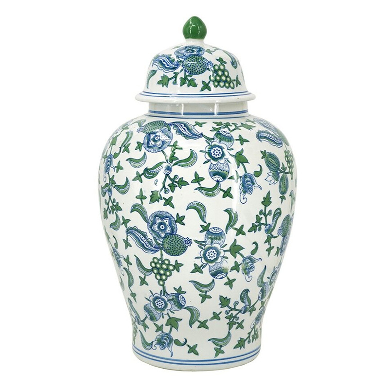 Ваза с крышкой и зелено-голубым цветочным узором на белом фоне Blue & White Ornament Белый Синий Ваза с крышкой и зелено-голубым цветочным узором на белом фоне Blue & White Ornament Белый Синий во Владивостоке | Loft Concept