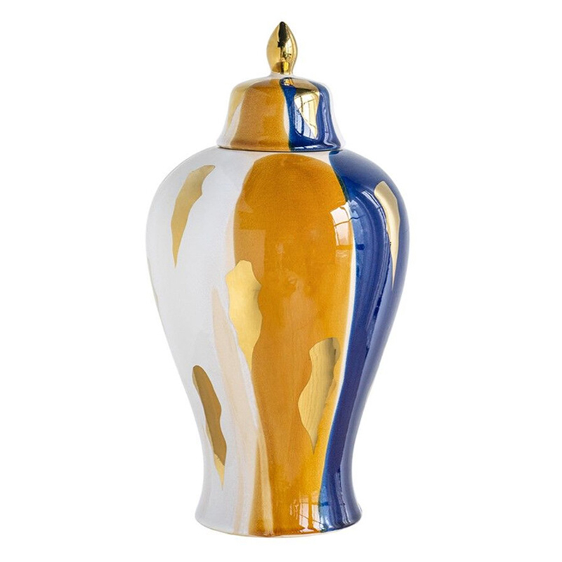 Ваза с крышкой и мазками синего и золого цвета на белом фоне Chinoiserie Ceramics Белый Оранжевый Золотой Синий Ваза с крышкой и мазками синего и золого цвета на белом фоне Chinoiserie Ceramics Белый Оранжевый Золотой Синий во Владивостоке | Loft Concept