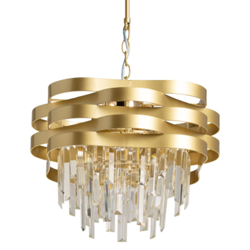 Люстра цвета матового золота с металлическими лентами и длинными прозрачными подвесками Gilded Waves Золотой Прозрачный во Владивостоке | Loft Concept 