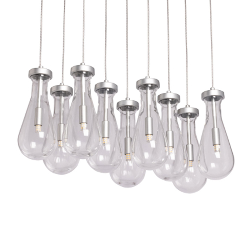 Люстра с 9-ю прозрачными плафонами из стекла в форме капли на прямоугольном потолочном основании цвета хром Lucid Rain  Серебряный Прозрачный во Владивостоке | Loft Concept 