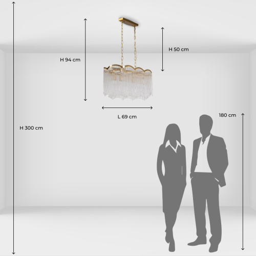 Люстра прямоугольная на цепях с прозрачными трубками и волнистым краем Nembus во Владивостоке