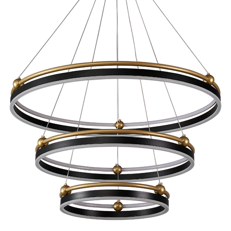 Люстра подвесная с тремя кольцами черного и золотого цвета Ring Horizontal Черный Белый Золотой Люстра подвесная с тремя кольцами черного и золотого цвета Ring Horizontal Черный Белый Золотой во Владивостоке | Loft Concept