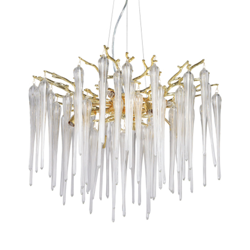 Люстра золотого цвета с декоративными ветками и длинными прозрачными стеклянными подвесами в форме сосулек Droplet Chandelier Золотой Прозрачный во Владивостоке | Loft Concept 