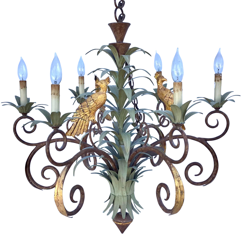 Люстра Дизайнерская Пальма с Попугаями Large Palm Leaf and Parrot Tole Chandelier Винтажное Темное Золото Зеленый Люстра Дизайнерская Пальма с Попугаями Large Palm Leaf and Parrot Tole Chandelier Винтажное Темное Золото Зеленый во Владивостоке | Loft Concept