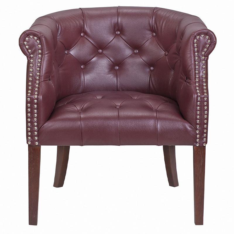 Кресло низкое из натуральной кожи на 4-х деревянных ножках из массива бука Chloe Leather Armchair vine Бордовый Коричневый во Владивостоке | Loft Concept 