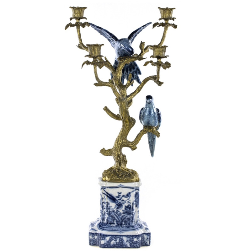 Подсвечник Blue & White Porcelain Bronze Parrots Белый Синий Бронза Подсвечник Blue & White Porcelain Bronze Parrots Белый Синий Бронза во Владивостоке | Loft Concept