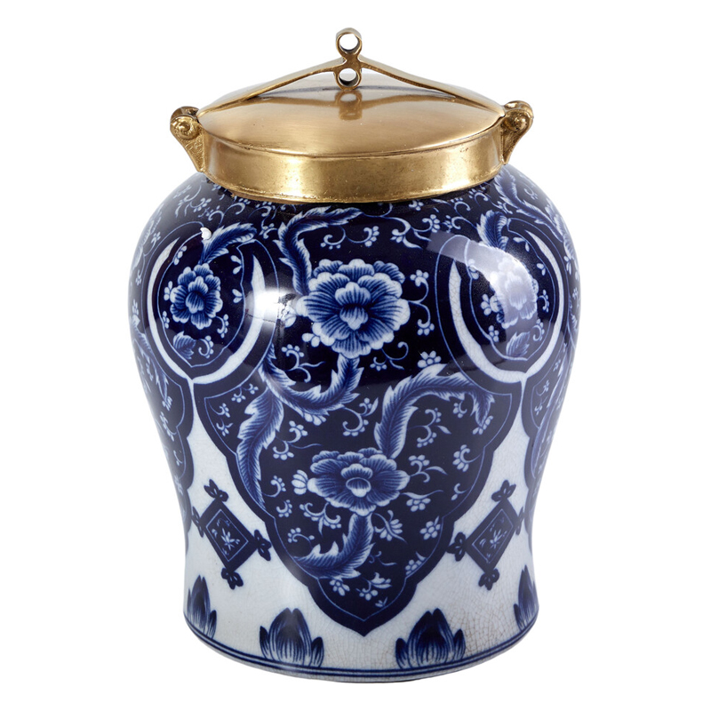 Ваза с насыщенным синим орнаментом и золотой крышкой Blue & White Ornament Белый Синий Золотой Ваза с насыщенным синим орнаментом и золотой крышкой Blue & White Ornament Белый Синий Золотой во Владивостоке | Loft Concept