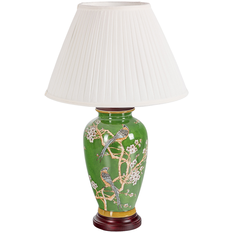Настольная лампа с абажуром Birds Green Chinoiserie Lampshade Зеленый Белый Коричневый Настольная лампа с абажуром Birds Green Chinoiserie Lampshade Зеленый Белый Коричневый во Владивостоке | Loft Concept
