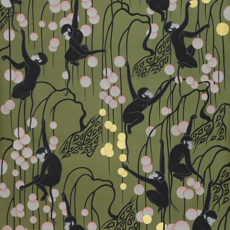 Обои ручная роспись Deco Monkeys Special Colourway on Olive dyed silk Обои ручная роспись Deco Monkeys Special Colourway on Olive dyed silk во Владивостоке | Loft Concept