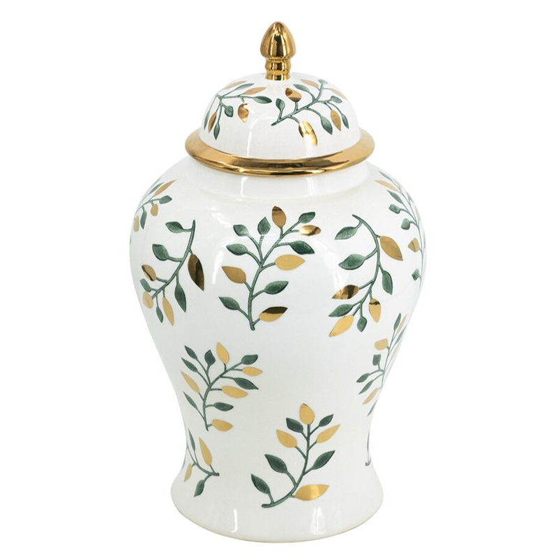 Ваза белая с крышкой с рисунком зеленых и золотых листьев 48 см Chinoiserie Ceramics Белый Зеленый Золотой Ваза белая с крышкой с рисунком зеленых и золотых листьев 48 см Chinoiserie Ceramics Белый Зеленый Золотой во Владивостоке | Loft Concept