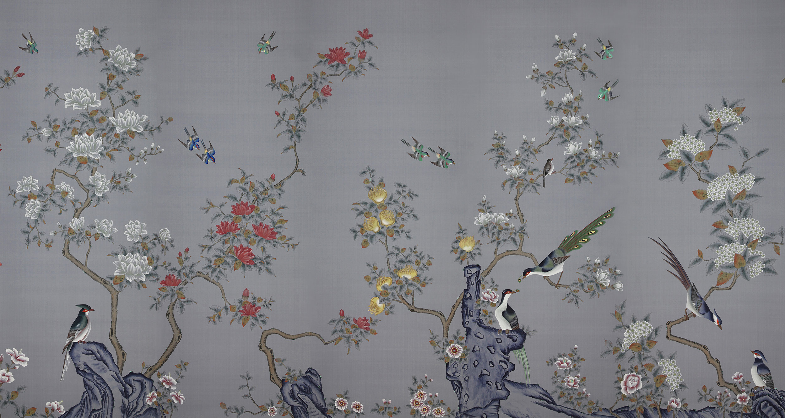 Обои ручная роспись Japanese Garden Original colourway on Gun Metal dyed silk Обои ручная роспись Japanese Garden Original colourway on Gun Metal dyed silk - постер Loft-Concept во Владивостоке