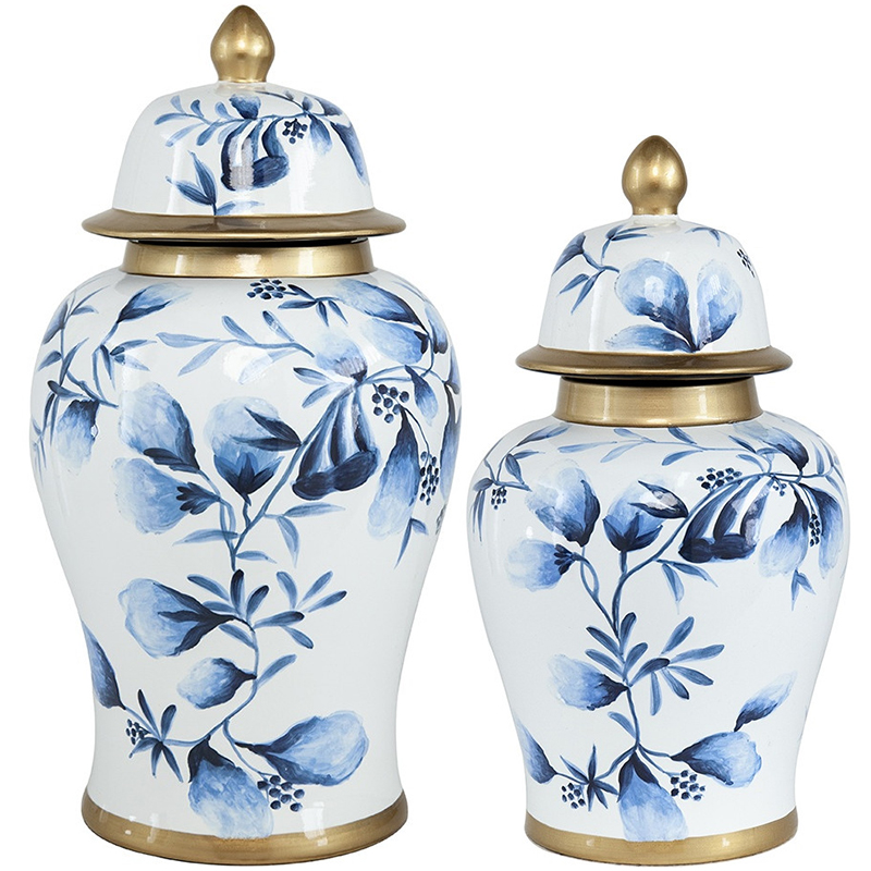 Ваза с крышкой Blue Plant Vase Золотой Белый Синий Ваза с крышкой Blue Plant Vase Золотой Белый Синий во Владивостоке | Loft Concept