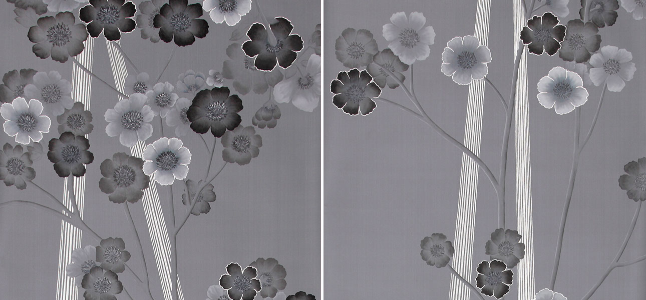 Обои ручная роспись Anemones in Light Dusk on Gun Metal dyed sik - фото