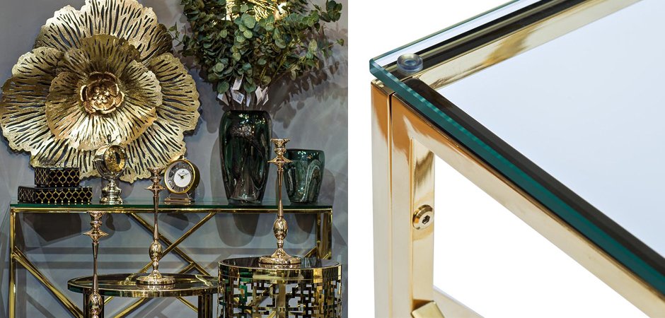 Консоль Serene Furnishing Gold Clear Glass Top Console Консоль Serene Furnishing Gold Clear Glass Top Console - Loft-Concept во Владивостоке