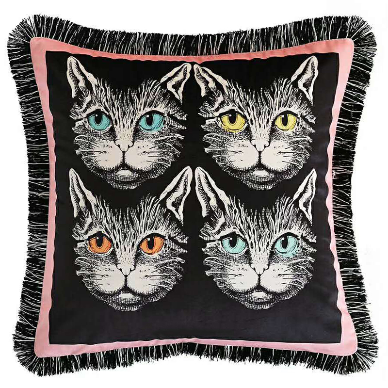 Декоративная подушка с вышивкой Cтиль Gucci Four Cats Черный Розовый Белый Декоративная подушка с вышивкой Cтиль Gucci Four Cats Черный Розовый Белый во Владивостоке | Loft Concept