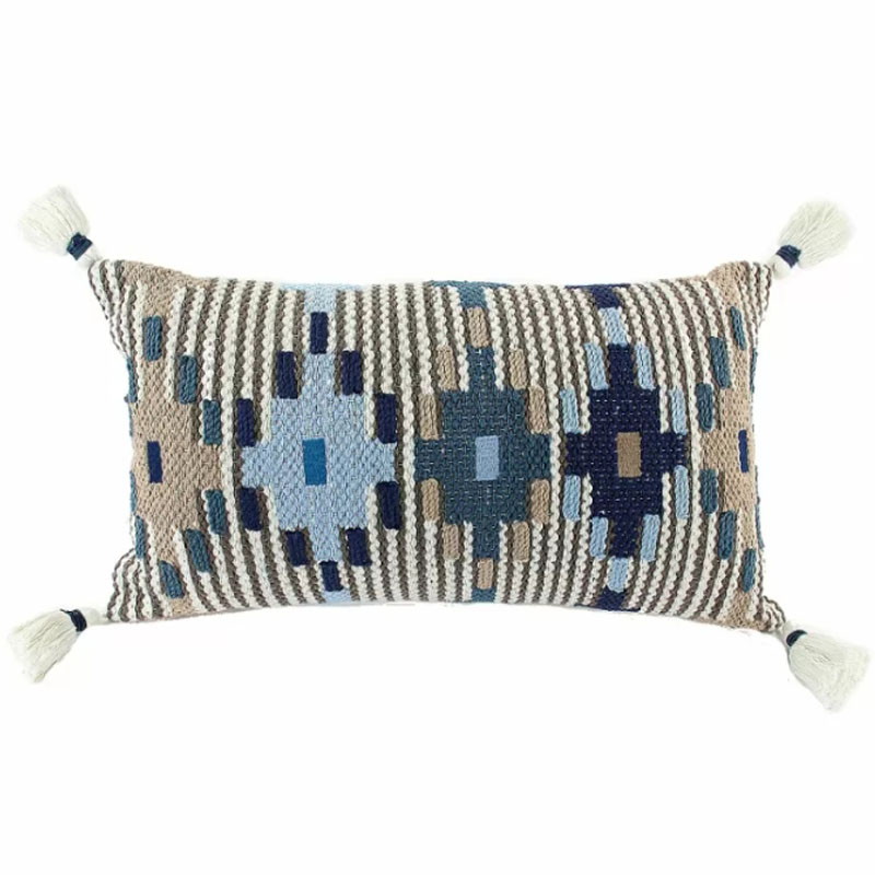 Подушка Blue Ikat с кисточками Синий Голубой Бежевый Подушка Blue Ikat с кисточками Синий Голубой Бежевый во Владивостоке | Loft Concept