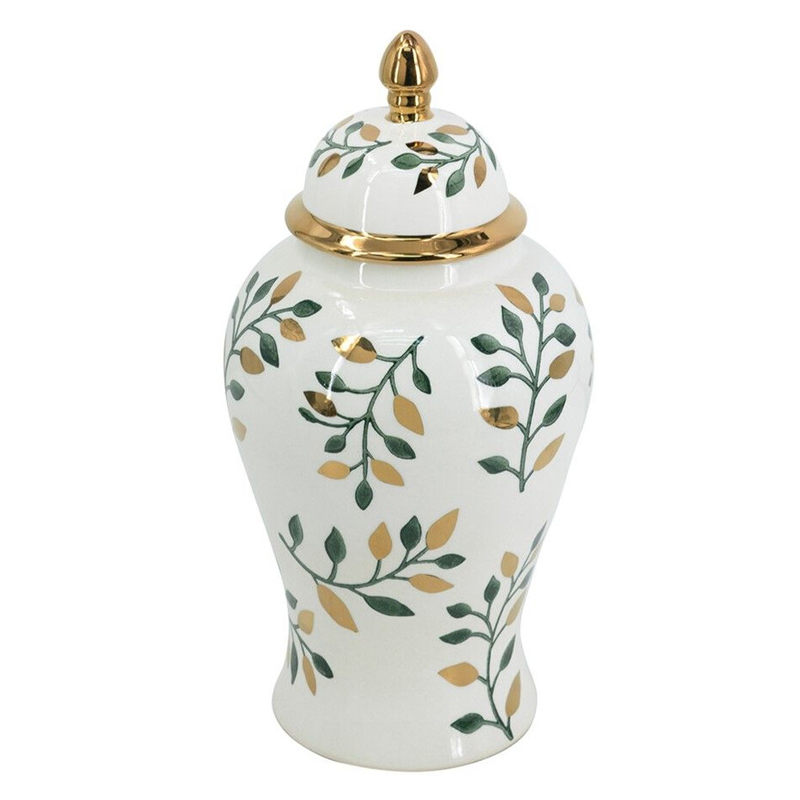 Ваза белая с крышкой с рисунком зеленых и золотых листьев 40 см Chinoiserie Ceramics Белый Зеленый Золотой Ваза белая с крышкой с рисунком зеленых и золотых листьев 40 см Chinoiserie Ceramics Белый Зеленый Золотой во Владивостоке | Loft Concept