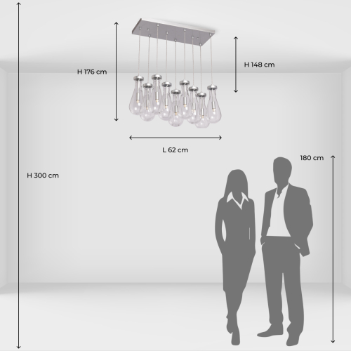 Люстра с 9-ю прозрачными плафонами из стекла в форме капли на прямоугольном потолочном основании цвета хром Lucid Rain  во Владивостоке