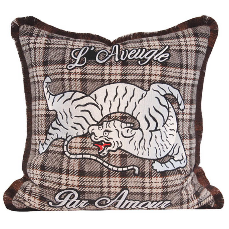 Декоративная подушка с вышивкой Стиль Gucci Plaid Print Tiger Cushion Коричневый Бежевый Красный Декоративная подушка с вышивкой Стиль Gucci Plaid Print Tiger Cushion Коричневый Бежевый Красный во Владивостоке | Loft Concept