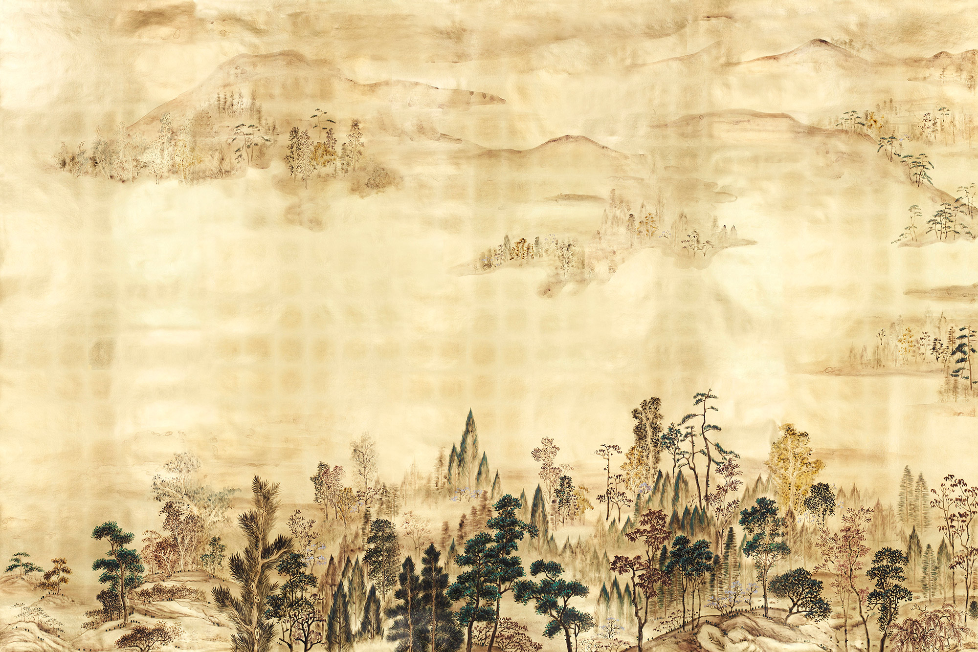 Обои ручная роспись Mountains Above Clouds Original colourway on Deep Rich Gold gilded paper Обои ручная роспись Mountains Above Clouds Original colourway on Deep Rich Gold gilded paper - постер Loft-Concept во Владивостоке