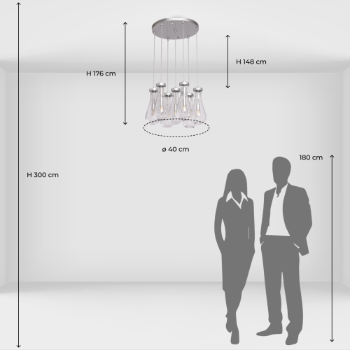 Люстра с 7-ю прозрачными плафонами из стекла в форме капли на круглом потолочном основании цвета хром Lucid Rain  во Владивостоке