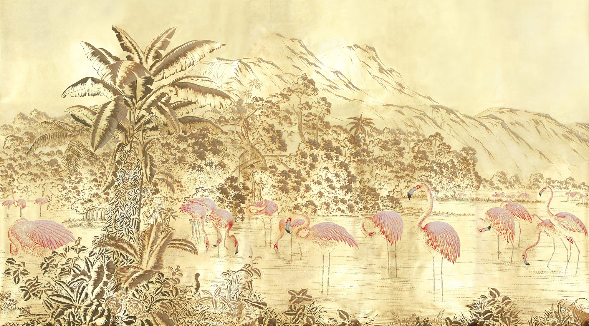 Обои ручная роспись Flamingos Flamingo on Deep Rich Gold gilded paper Обои ручная роспись Flamingos Flamingo on Deep Rich Gold gilded paper - постер Loft-Concept во Владивостоке