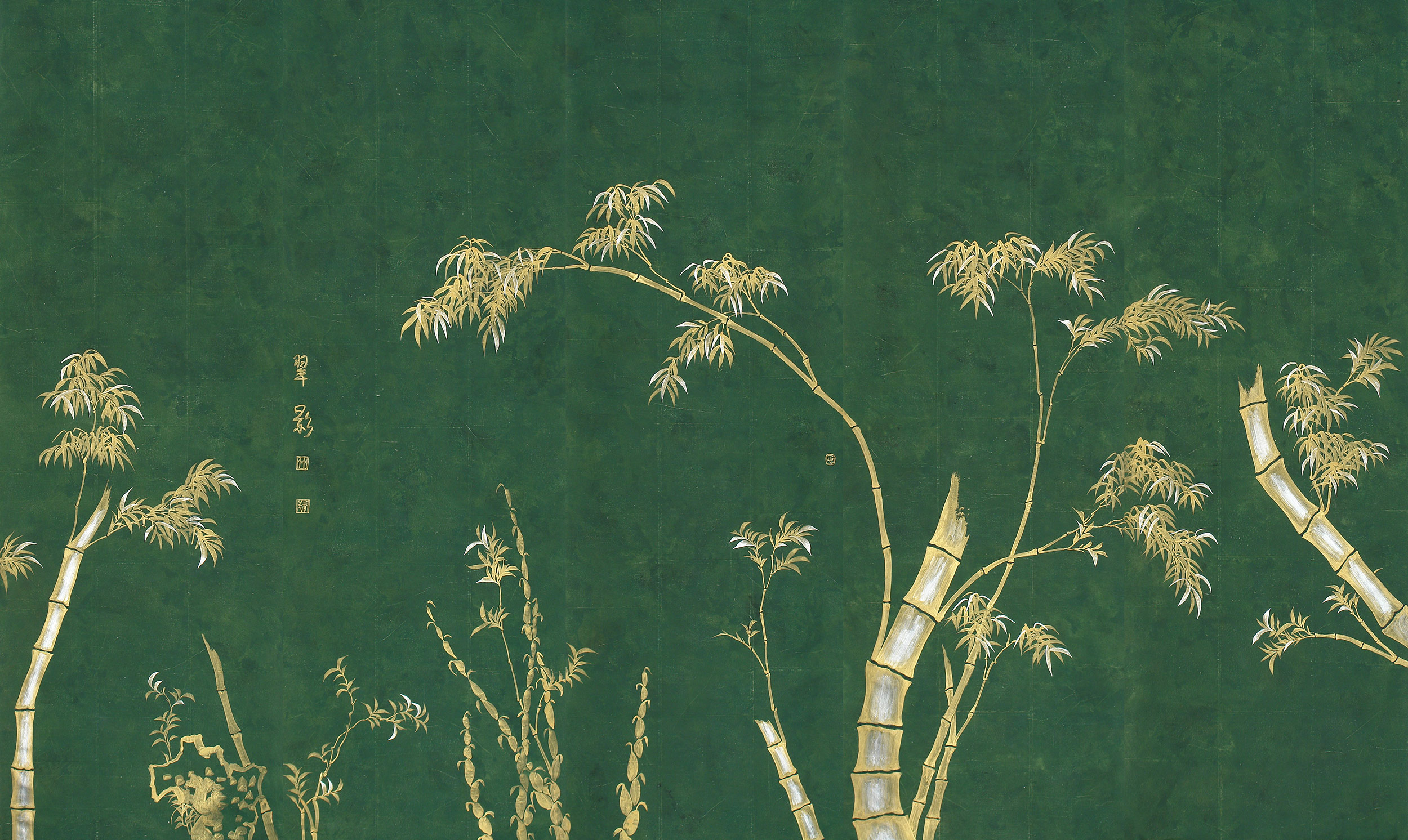 Обои ручная роспись Bamboo Golden on Edo Green India tea paper Обои ручная роспись Bamboo Golden on Edo Green India tea paper - постер Loft-Concept во Владивостоке