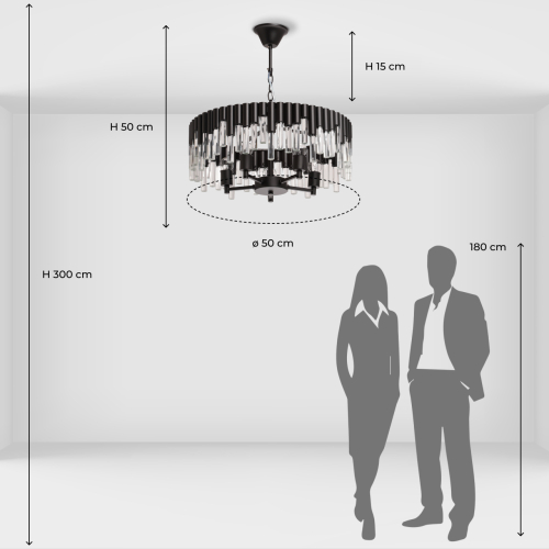 Люстра круглая из матового черного металла с подвесками из прозрачных стеклянных трубок Noir Tubes во Владивостоке