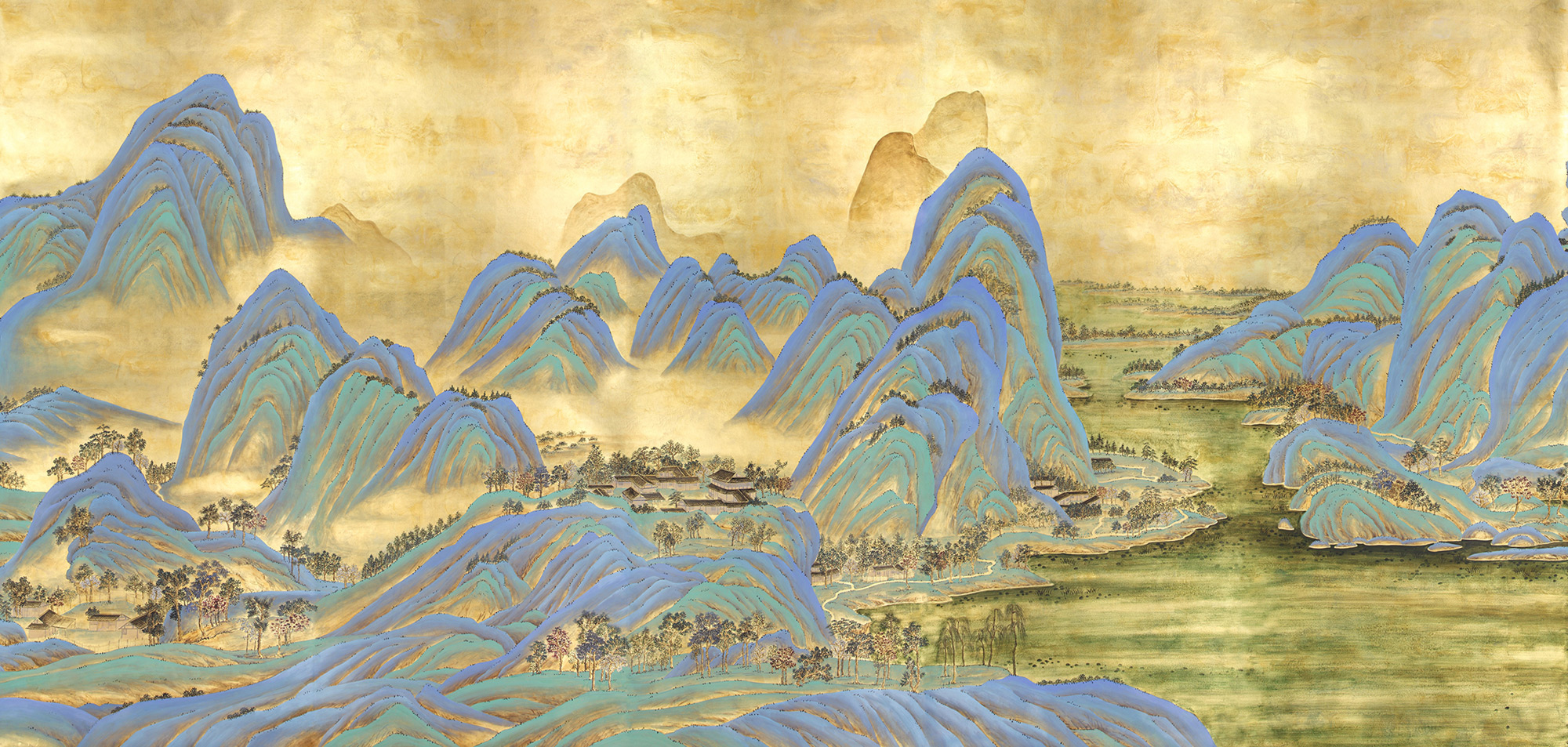 Обои ручная роспись A Thousand Li of Rivers and Mountains Original colourway on Deep Rich Gold gilded paper with gold pearlescent antiquing Обои ручная роспись A Thousand Li of Rivers and Mountains Original colourway on Deep Rich Gold gilded paper with gold pearlescent antiquing - постер Loft-Concept во Владивостоке