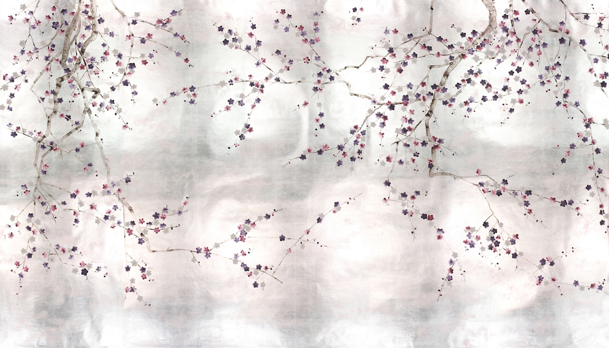 Обои ручная роспись Plum Blossom Colourway SC-228 on Tarnished Silver gilded paper with pearlescent antiquing Обои ручная роспись Plum Blossom Colourway SC-228 on Tarnished Silver gilded paper with pearlescent antiquing - постер Loft-Concept во Владивостоке