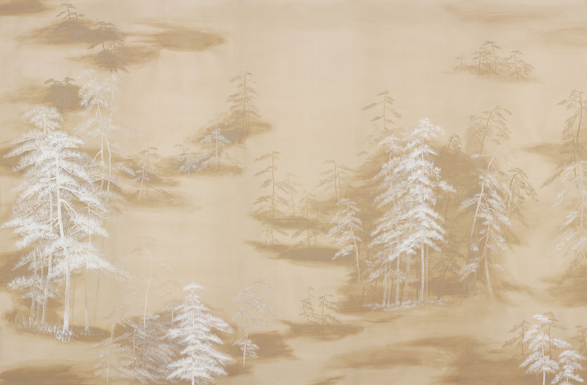 Обои ручная роспись Abstract Pines Original colourway on Stone Ochre dyed silk Обои ручная роспись Abstract Pines Original colourway on Stone Ochre dyed silk - постер Loft-Concept во Владивостоке