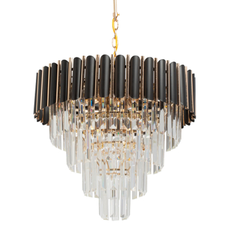 Люстра из черного металла с многоярусными подвесками из прозрачного хрусталя на золотой цепи Empire Black Chandelier Crystal Золотой Прозрачный Черный во Владивостоке | Loft Concept 
