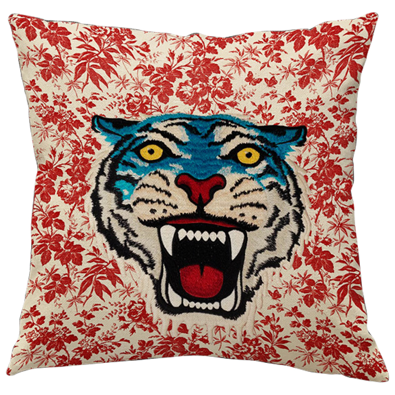 Декоративная подушка Стиль Gucci Blue Tiger Красный Бежевый Голубой Мульти Декоративная подушка Стиль Gucci Blue Tiger Красный Бежевый Голубой Мульти во Владивостоке | Loft Concept