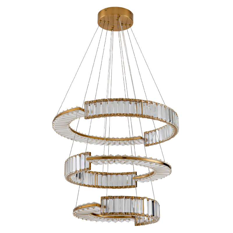 Светодиодная трехъярусная кольцевая люстра из хрусталя и стали с пультом для регулировки света Maude Crystal Light Латунь Прозрачный во Владивостоке | Loft Concept 