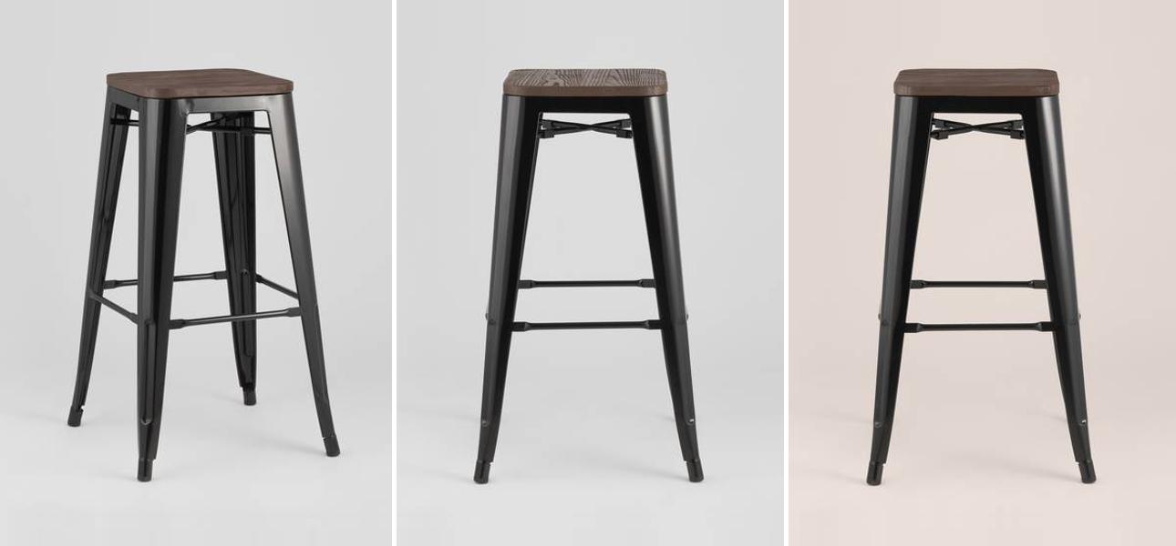 Барный Стул без Спинки Черный Матовый Металл  Деревянное Сидение - фото