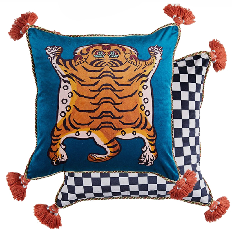 Синяя Подушка Тибетский Тигр TIBETAN TIGER Бежевый Синий Синяя Подушка Тибетский Тигр TIBETAN TIGER Бежевый Синий во Владивостоке | Loft Concept