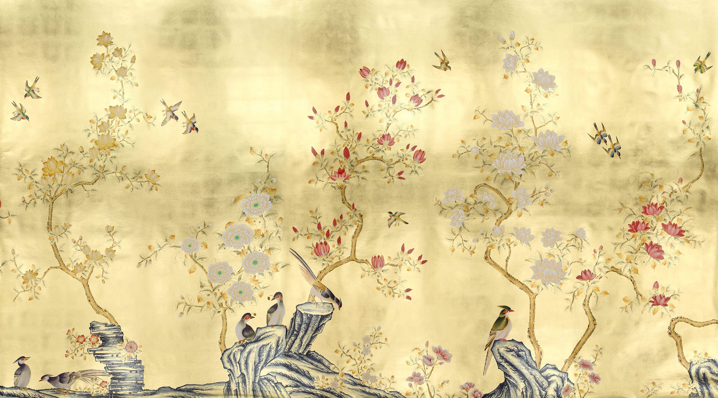 Обои шинуазри Japanese Garden Original colourway on Deep Rich Gold gilded paper Обои шинуазри Japanese Garden Original colourway on Deep Rich Gold gilded paper - постер Loft-Concept во Владивостоке