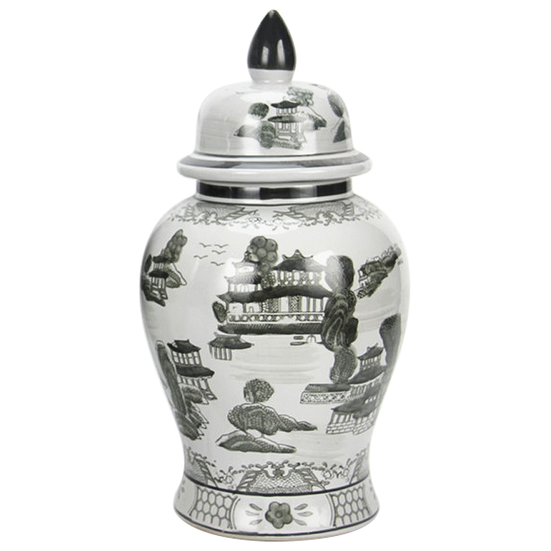 Ваза с крышкой Chinoiserie Ceramics Village Vase Серый Белый Ваза с крышкой Chinoiserie Ceramics Village Vase Серый Белый во Владивостоке | Loft Concept