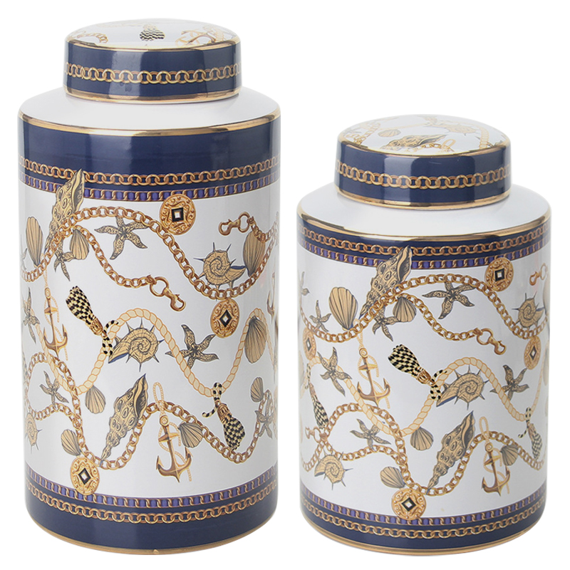 Ваза с крышкой Marine Motif Vase Белый Синий Золотой Бежевый Ваза с крышкой Marine Motif Vase Белый Синий Золотой Бежевый во Владивостоке | Loft Concept