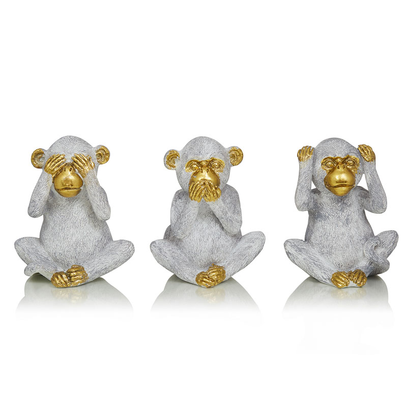 Комплект из 3-х статуэток Three Monkeys Серый Золотой Комплект из 3-х статуэток Three Monkeys Серый Золотой во Владивостоке | Loft Concept
