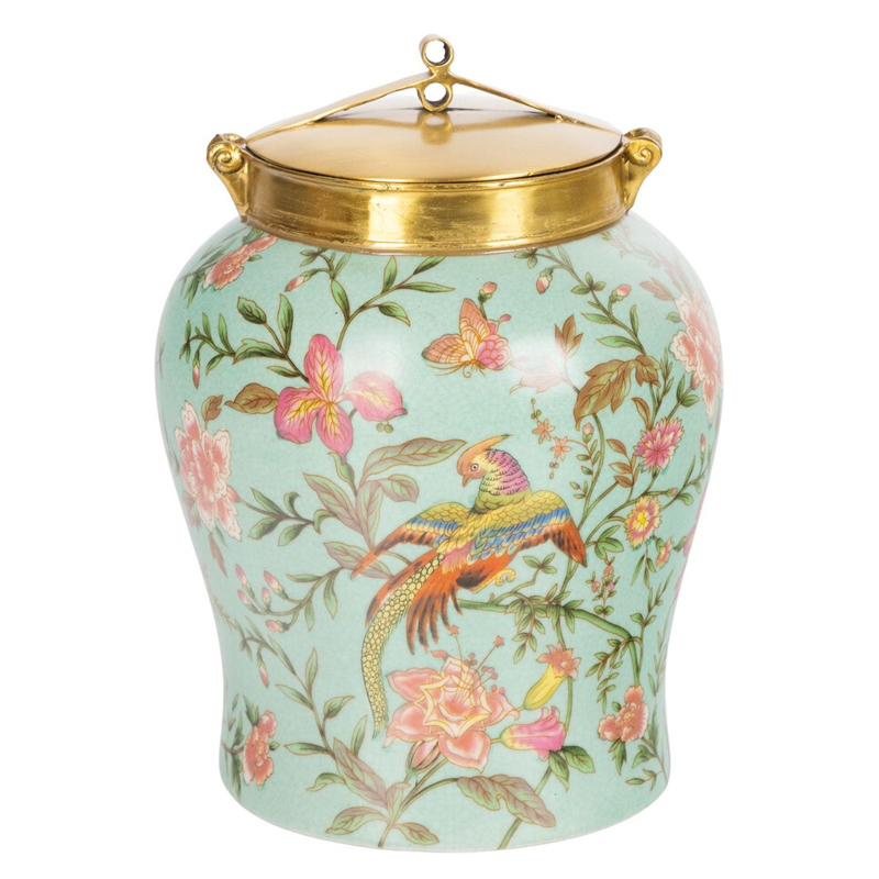 Ваза округлой формы из фарфора с рисунком и бронзовой крышкой Turquoise Blooming Garden Мульти Бронза Бирюзовый Ваза округлой формы из фарфора с рисунком и бронзовой крышкой Turquoise Blooming Garden Мульти Бронза Бирюзовый во Владивостоке | Loft Concept