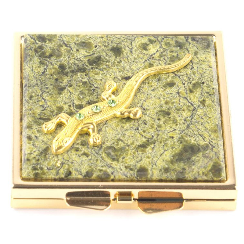 Зеркало двухстороннее квадратное из натурального камня Змеевик с декоративной вставкой в виде ящерицы Gold Stone Mirrors Зеленый Золотой во Владивостоке | Loft Concept 