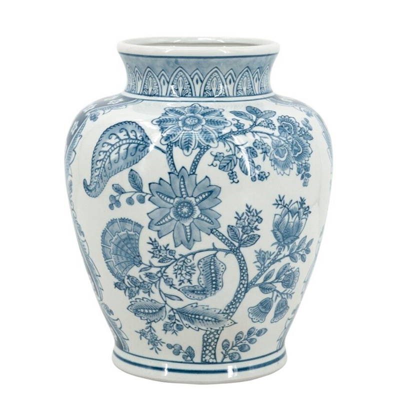 Ваза округлой формы белого цвета с синим растительным узором Blue & White Ornament  Белый Синий во Владивостоке | Loft Concept 