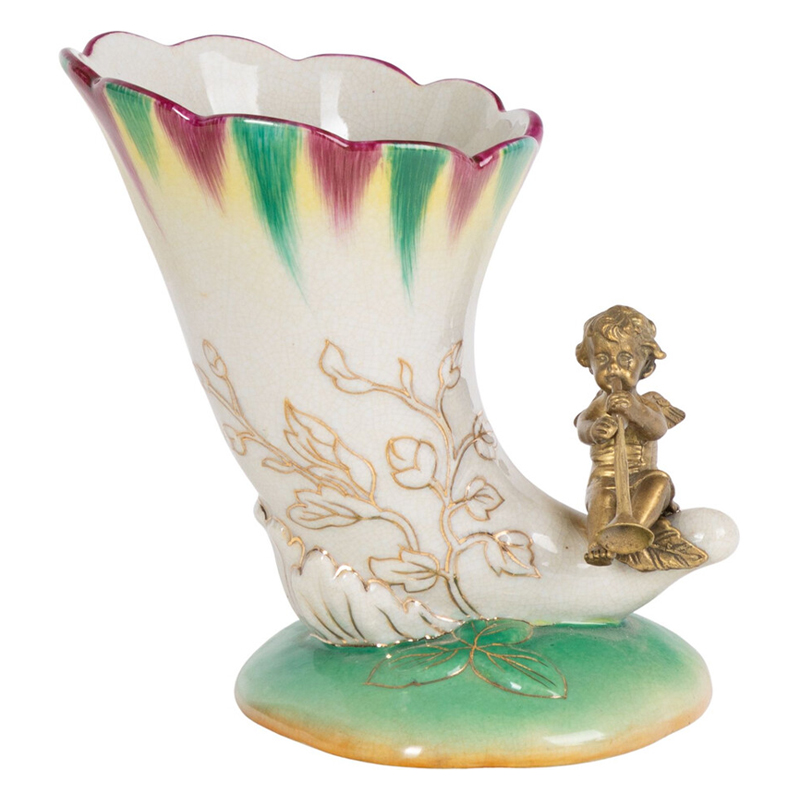 Ваза из фарфора с бронзовой фигуркой ангела Eden Garden porcelain and bronze Зеленый Бронза Белый Ваза из фарфора с бронзовой фигуркой ангела Eden Garden porcelain and bronze Зеленый Бронза Белый во Владивостоке | Loft Concept