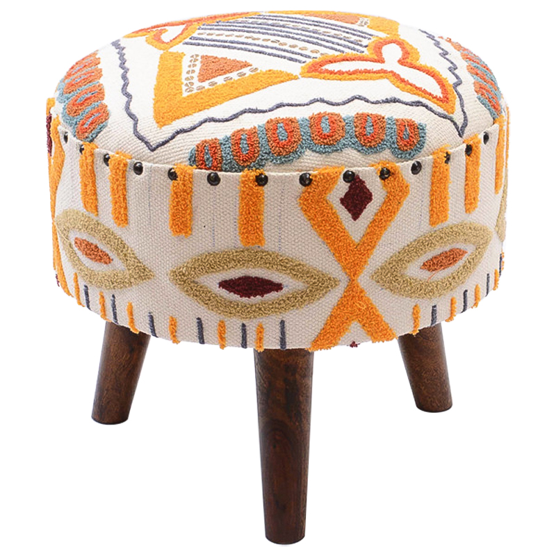 Пуф India Multicolor Ornament Wood Pouf Белый Мульти Коричневый Пуф India Multicolor Ornament Wood Pouf Белый Мульти Коричневый во Владивостоке | Loft Concept