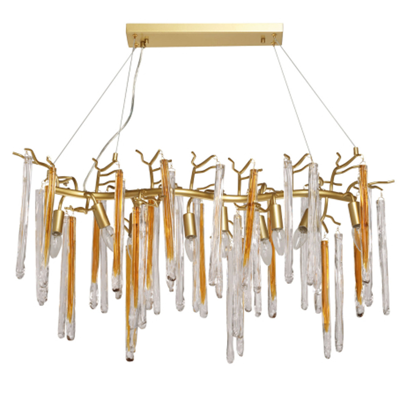 Люстра линейная золотого цвета с декоративными ветвями и длинными стеклянными подвесками в форме сосулек Droplet Chandelier Золотой Прозрачный во Владивостоке | Loft Concept 