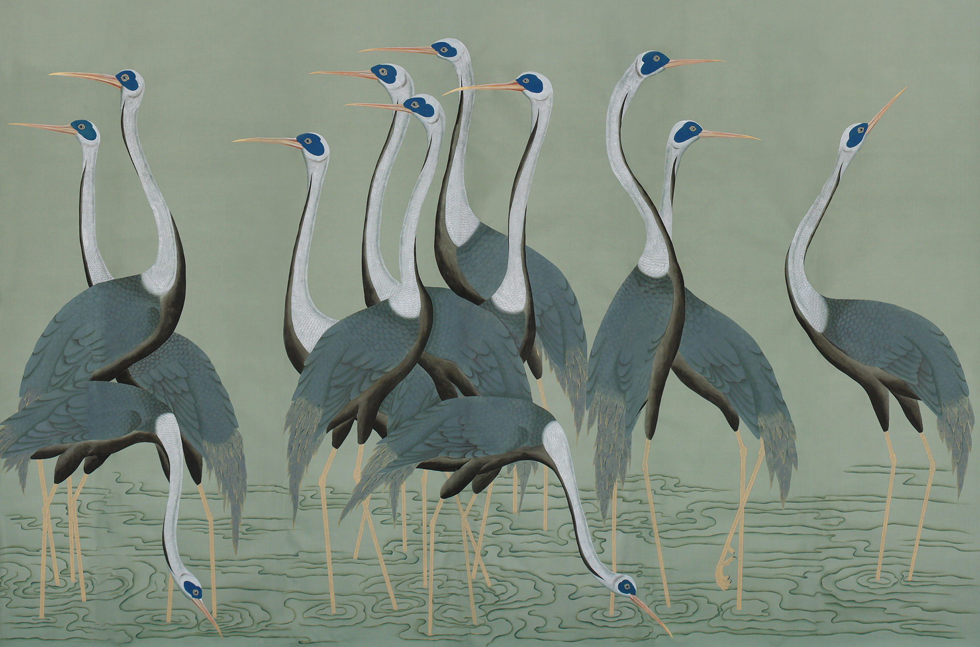 Обои ручная роспись Sarus Cranes Colourway SC-206 on Blue Grey dyed silk Обои ручная роспись Sarus Cranes Colourway SC-206 on Blue Grey dyed silk - постер Loft-Concept во Владивостоке