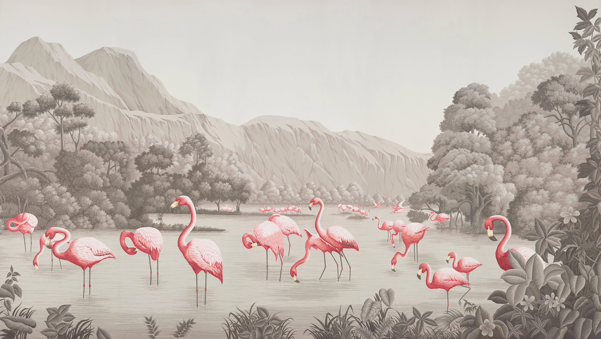 Обои ручная роспись Flamingos Flamingo on Eau Forte scenic paper Обои ручная роспись Flamingos Flamingo on Eau Forte scenic paper - постер Loft-Concept во Владивостоке