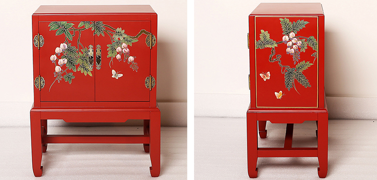 Красная Тумба в Китайском Стиле ручная роспись Бабочки и Ветвь Butterflies and Branch Nightstand - фото